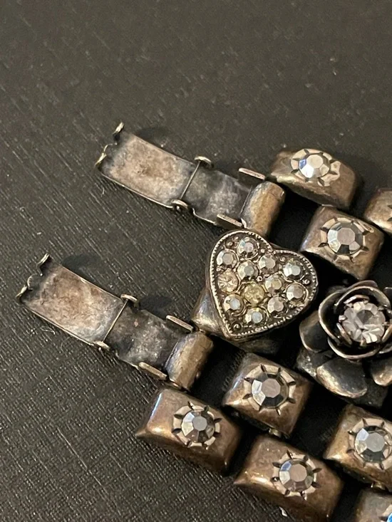 Vintage Rhinestone Heart, Starburst & 3-D Rose Silver Tone Panel Bracelet - Picture 7 of 12